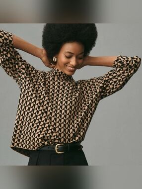 Maeve Black and Tan Geometric Mock Neck Sweater